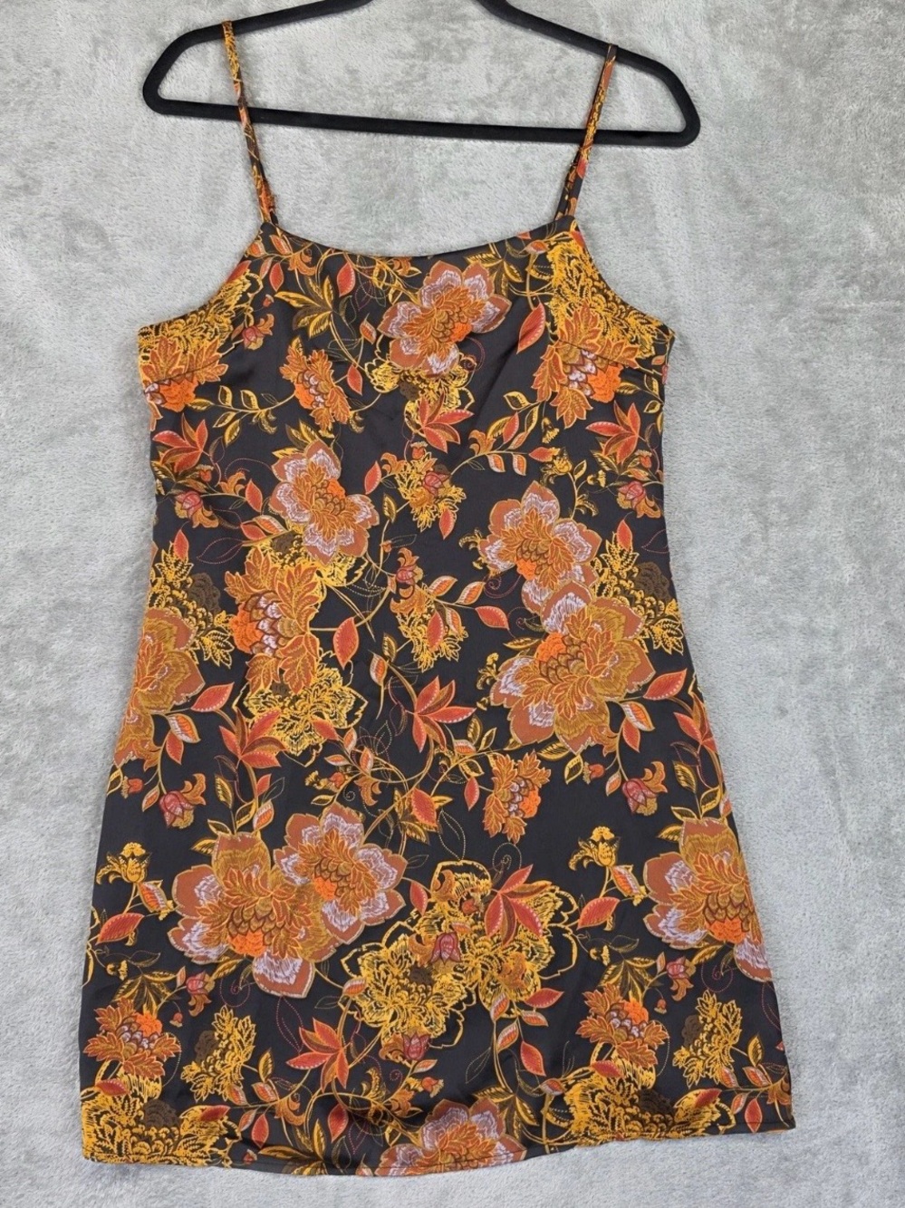 Dress Forum Black Floral Slip Dress with Orange and Yellow Accents